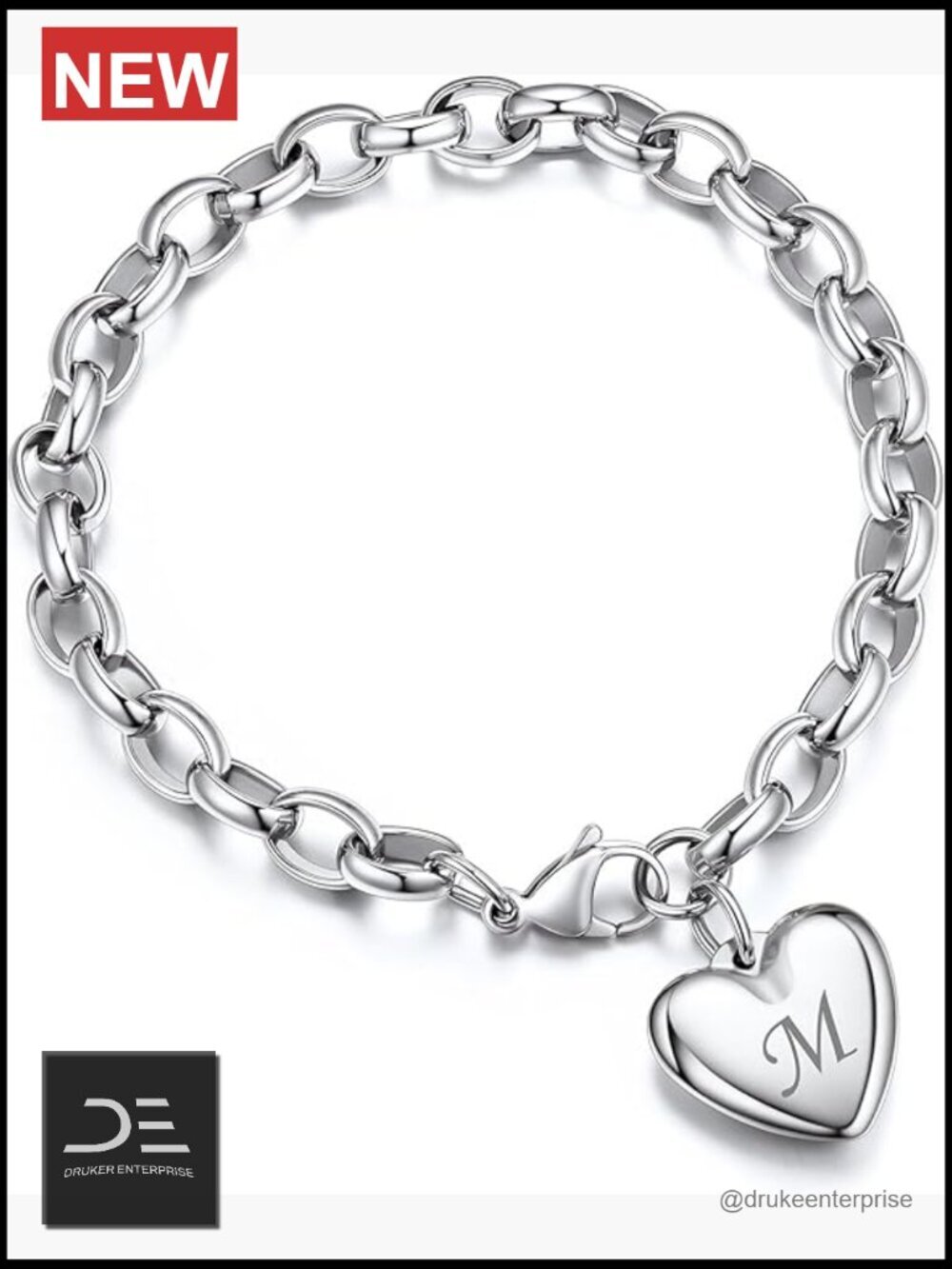 Stainless Steel Adjustable Heart Charm Initial Bracelet with Gift Box
